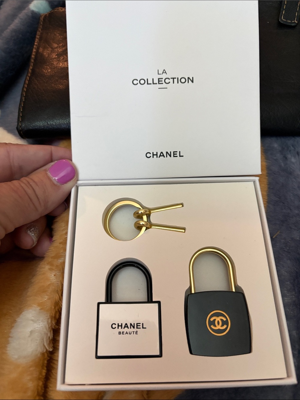 CHANEL Black & Gold Lock Charm Duo with Gold Ring Accent and key NWB